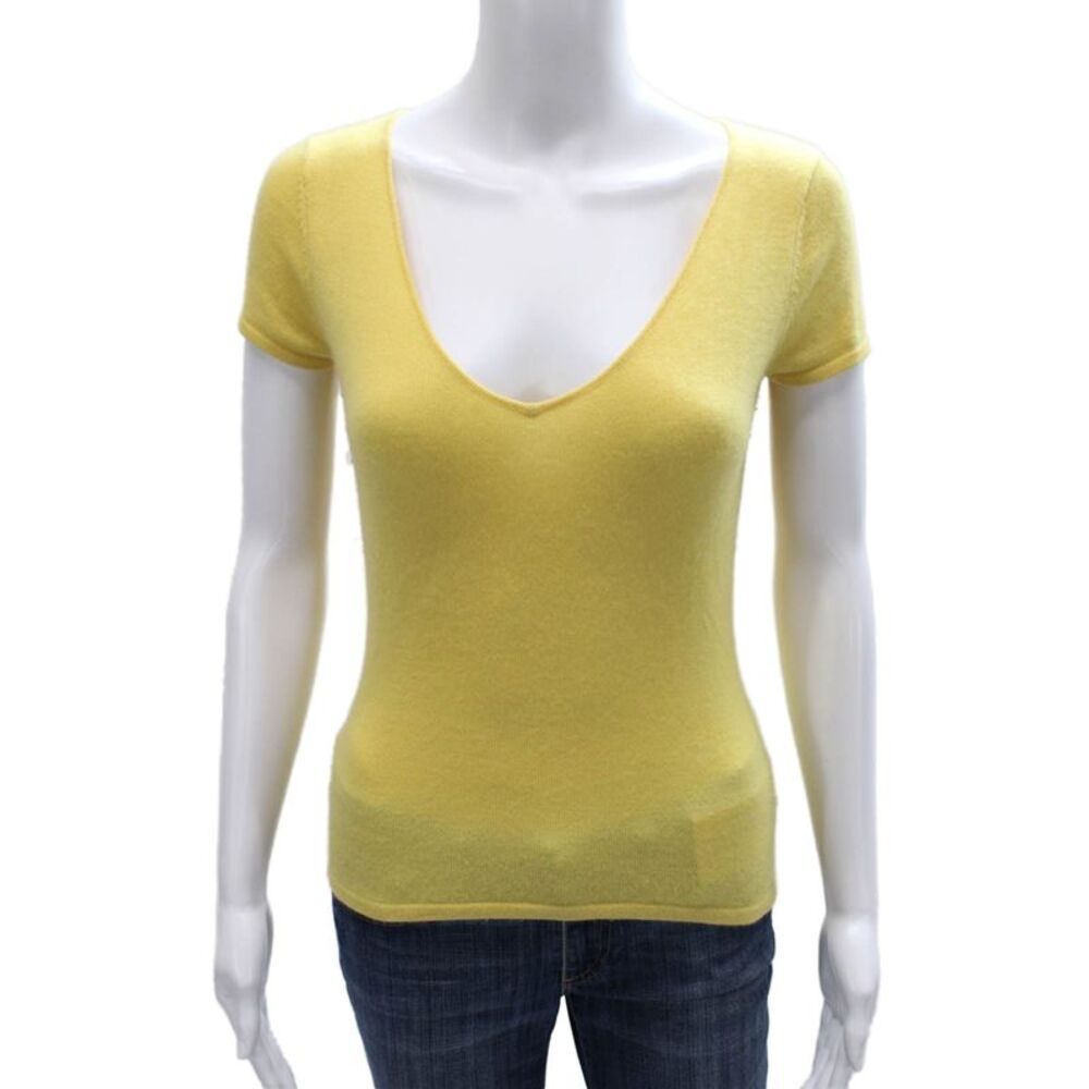 Heidi Weisel Womens Yellow Cashmere V Neck Short Sleeve Pullover Size S